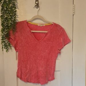 Rachel Coral Ribbed Short Sleeve Top
